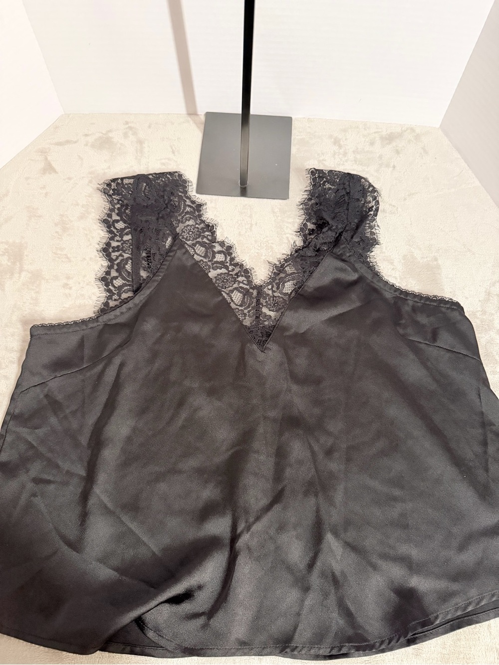 Satin Lace-Trim V-Neck Camisole in Black
